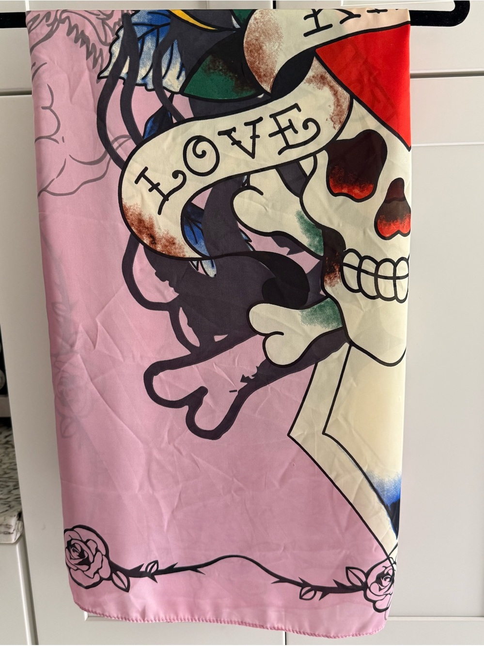 Ed Hardy 42” x 42” Classic Pink/Black Border scarf/wrap - NWT